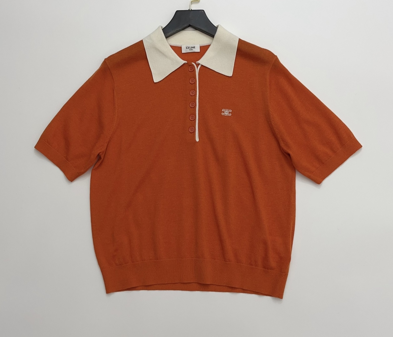Celine Embroidered Color-Block Lapel Polo Knit Pullover Top