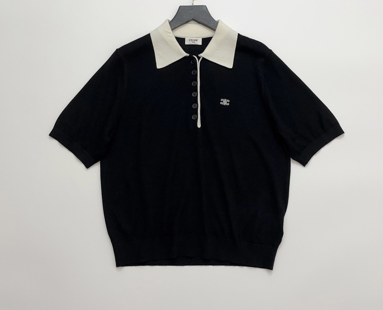 Celine Black Embroidered Color-Block Lapel Polo Knit Pullover Top