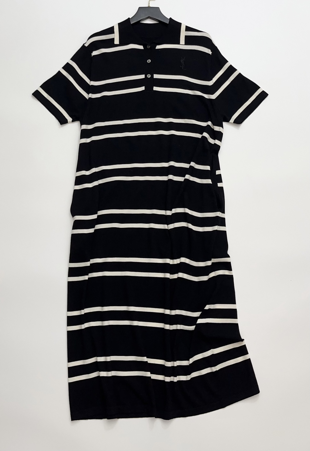 Yves Saint Laurent Black and White Stripe Polo Collar Knit Midi Dress