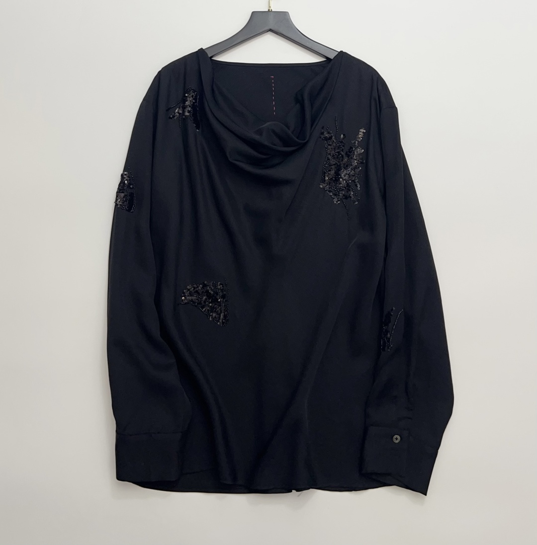 Black Satin French Beaded Cowl Neck Shirt