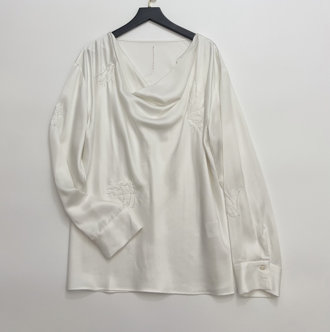 Pearl White Satin French Beaded Cowl Neck Shirt