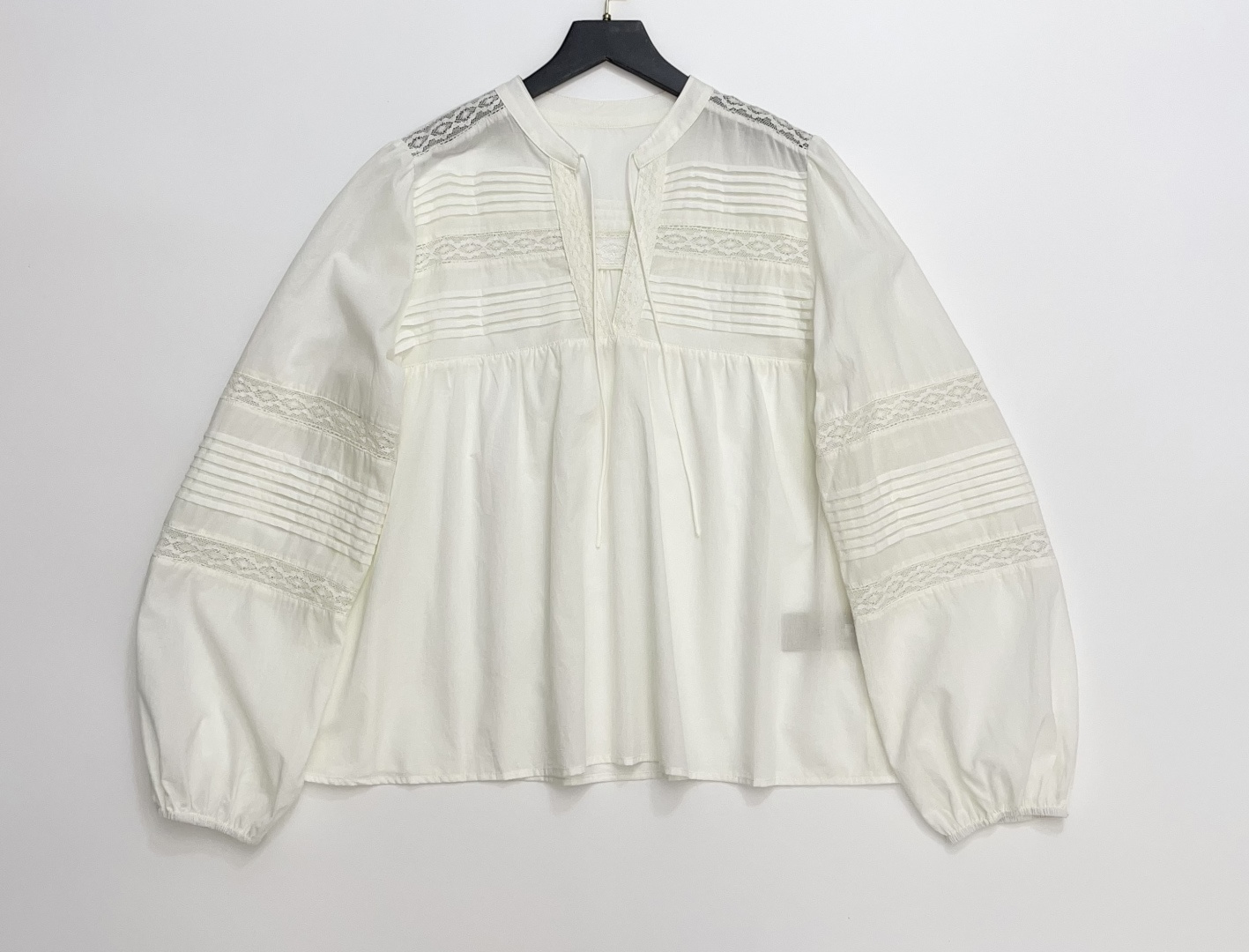 bash Hollow Crocheted Lace-Up Round Neck Pullover Puff Sleeve Long Sleeve Cotton Top