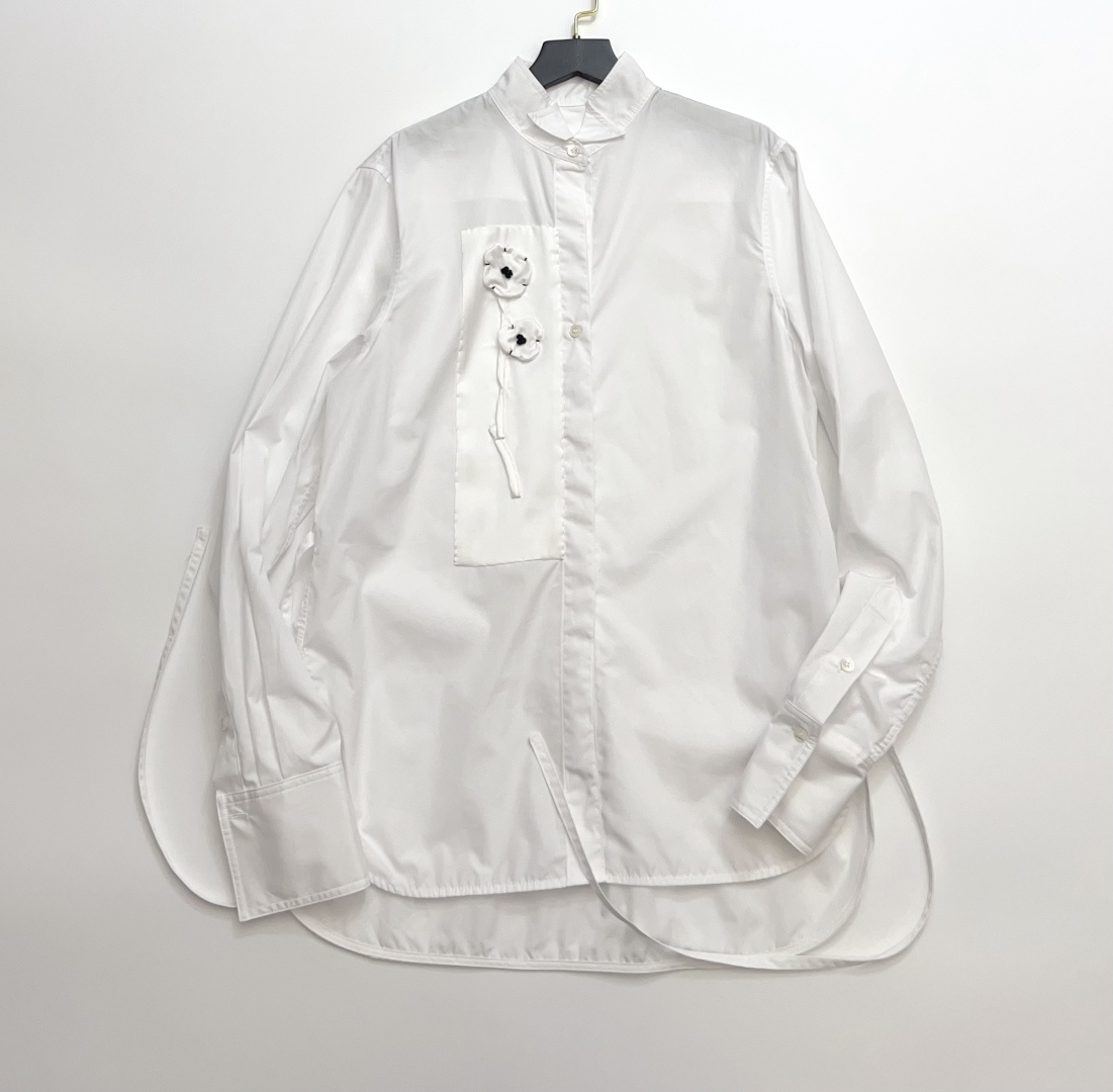 3D Floral Embroidered Cotton Long-Sleeve White Shirt