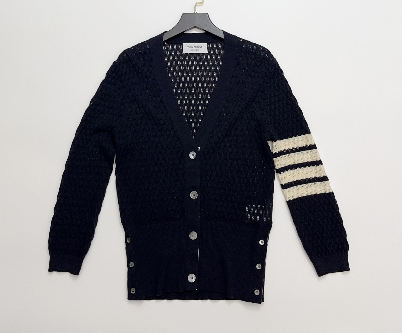 Thom Browne Silk Cotton Blend Hollow Crochet Logo Four-Bar Sunscreen Cardigan