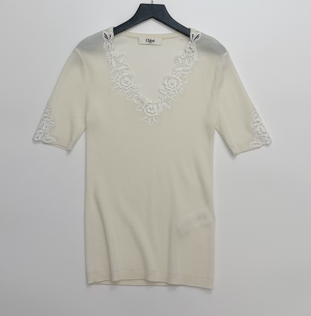 Chloé Ruffled Wool Knit Slim Short-Sleeve Top