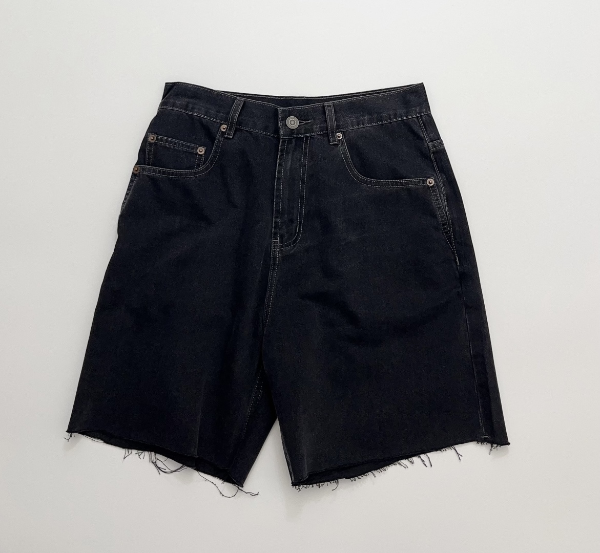 Yves Saint Laurent Washed Black and Grey Fringed Denim Shorts