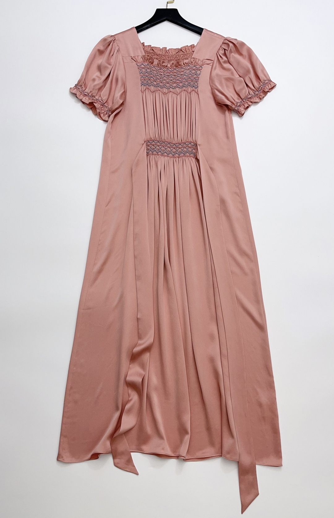 Dôen Embroidered Smocked Rose Pink Silk Maxi Dress