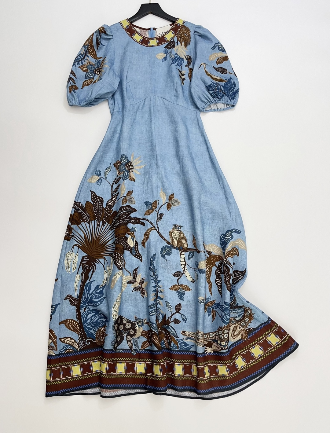Alémais Linen Jungle Secret Print Puff Sleeve Long Dress