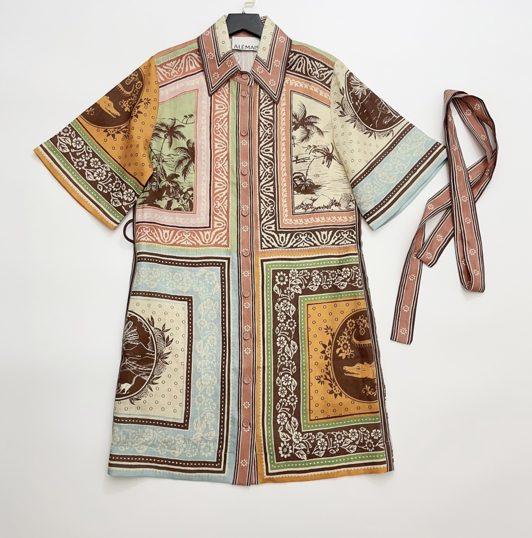 Alémais Alberta Vintage Print Linen Shirt Dress with Waist Tie