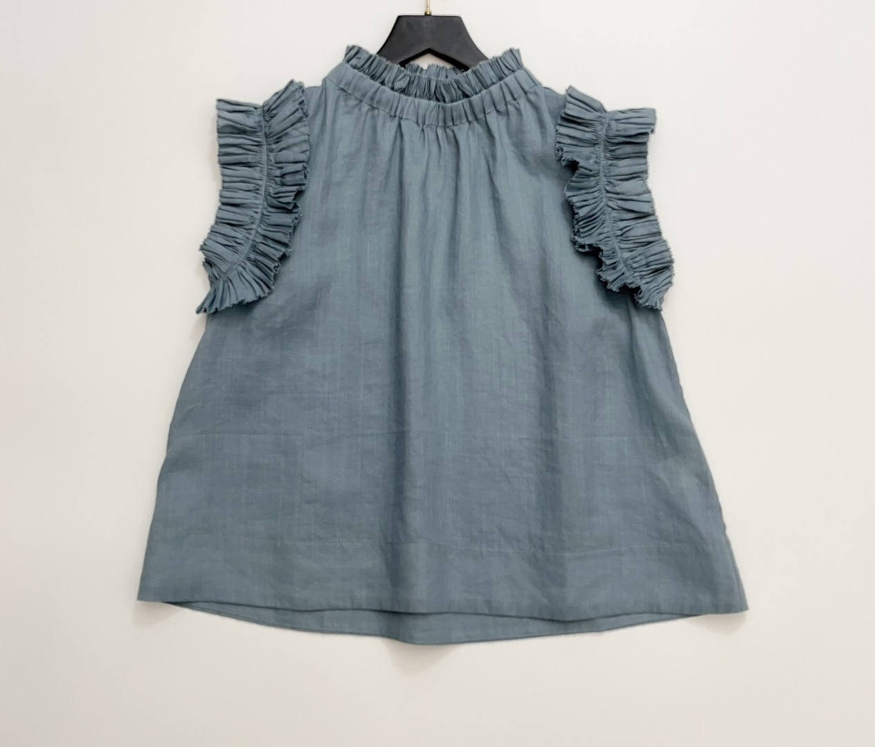 Sea Ruffle Sleeve Pleated Stand Collar Ruffle Trim Blouse