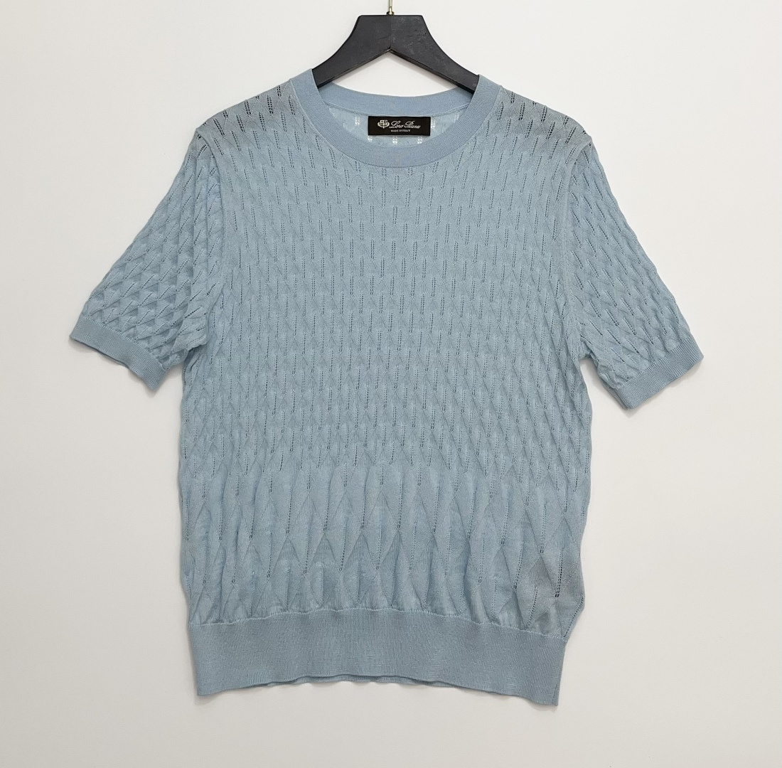 Loro Piana Silk Wool Blend Argyle Jacquard Short Sleeve Knit Pullover