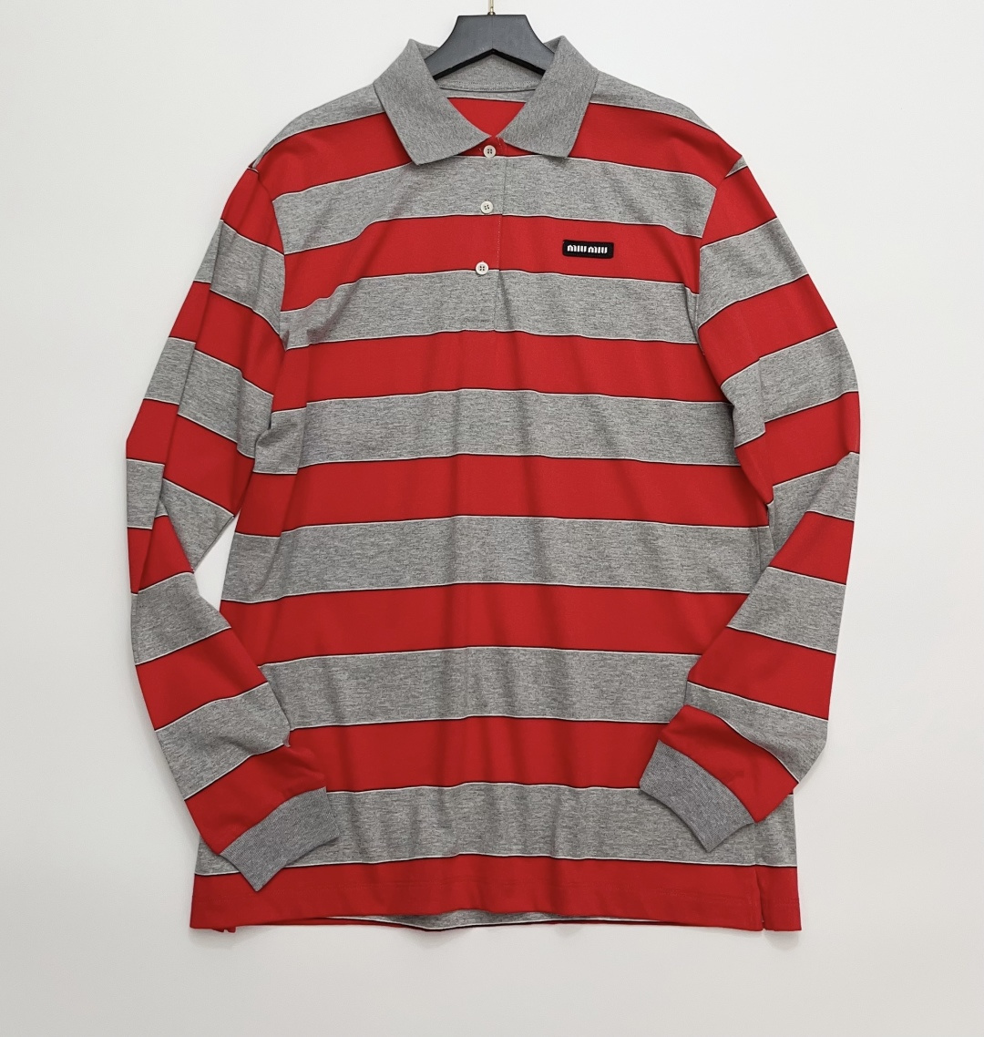 Miu Miu Classic Letter Logo Patch Contrast Stripe Long Sleeve Polo Shirt