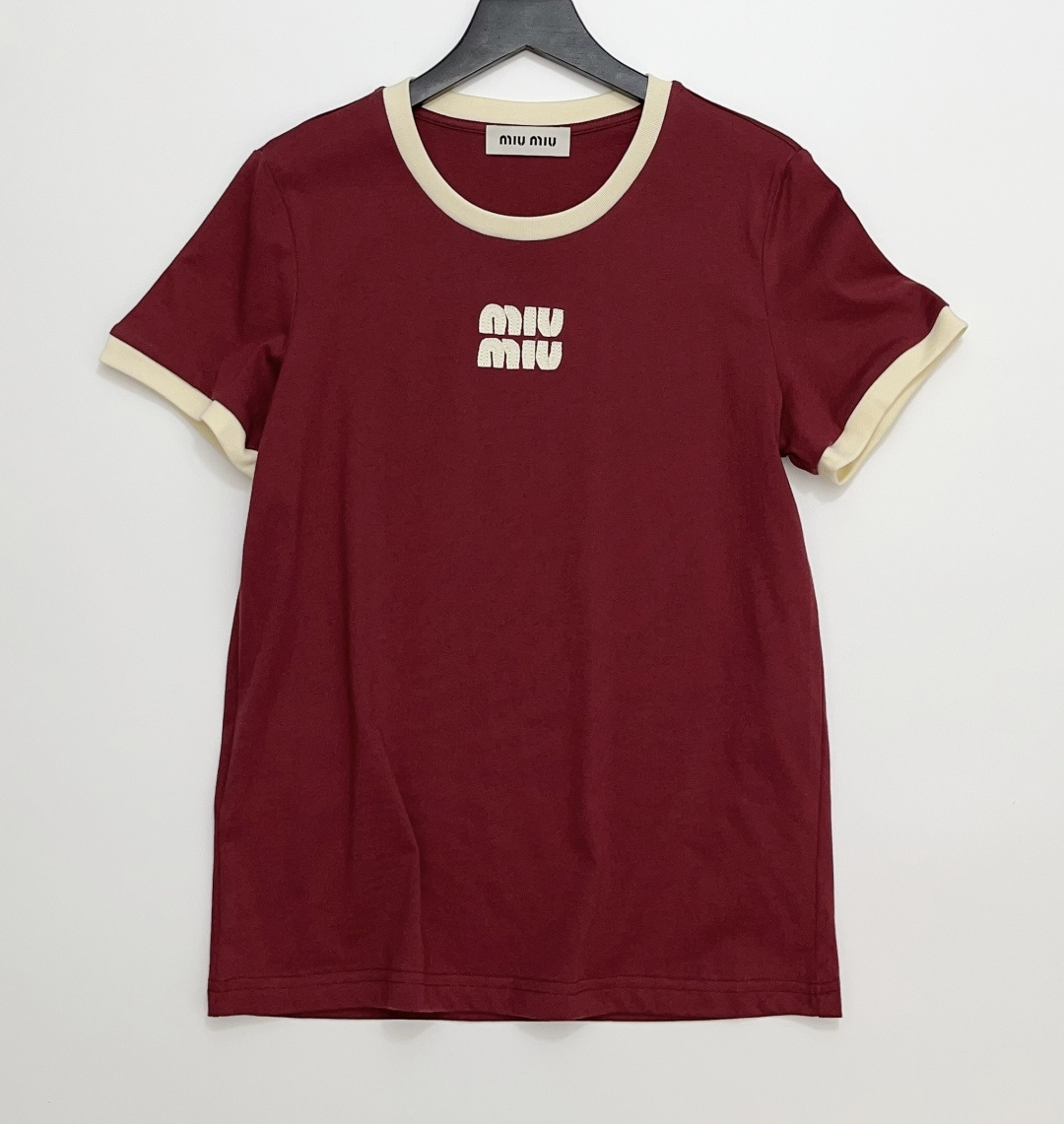 Miu Miu Letter Logo Patch Contrast Trim Round Neck Casual Short Sleeve T-Shirt