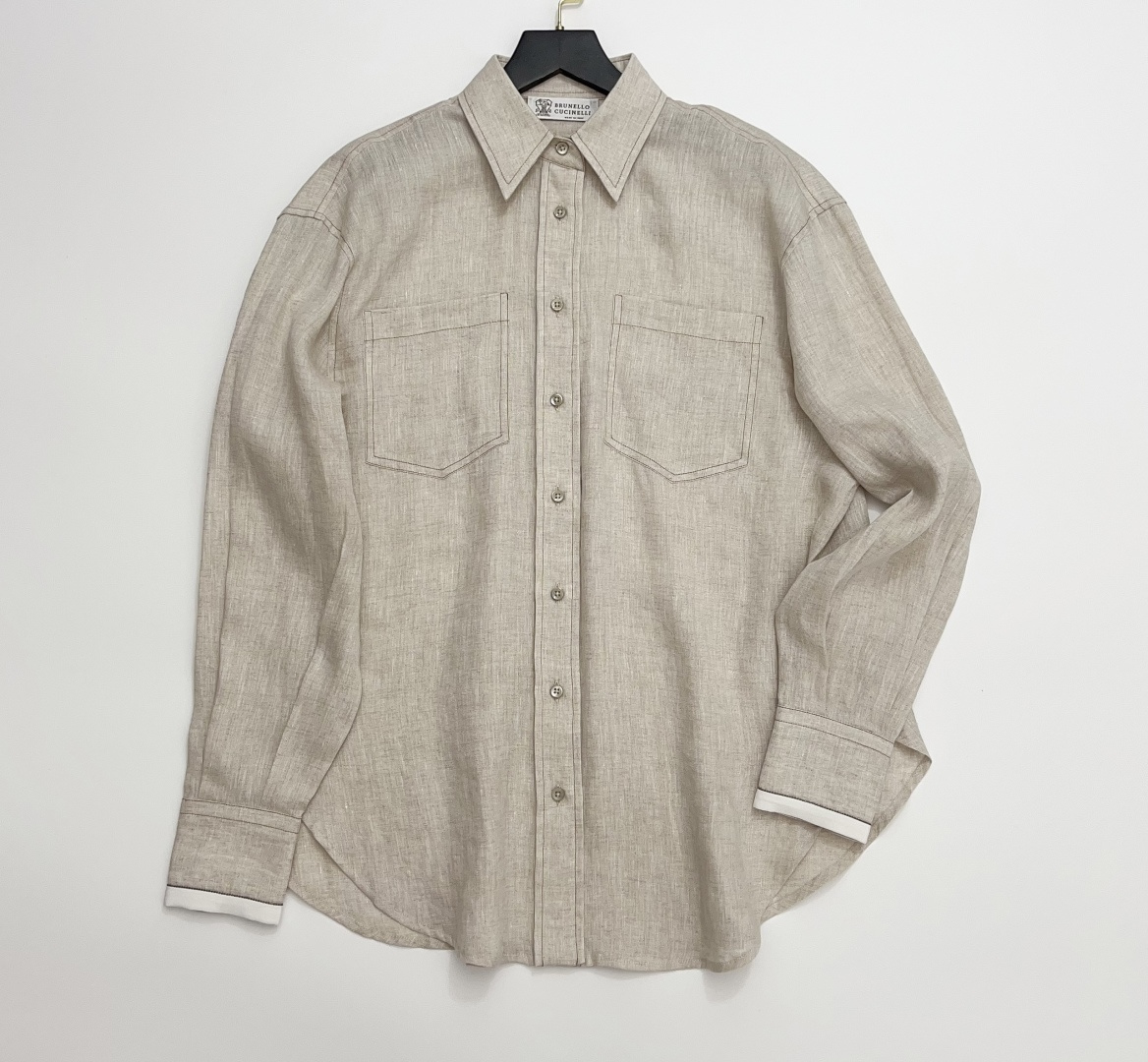 Brunello Cucinelli Lapel Beaded Natural Linen Relaxed Fit Long Sleeve Casual Shirt
