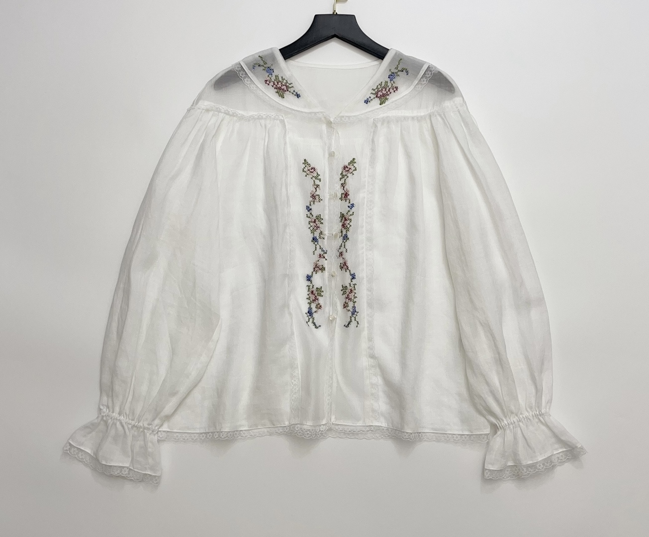 26SS Linen Long Sleeve Floral Embroidered Single-Breasted Loose Shirt