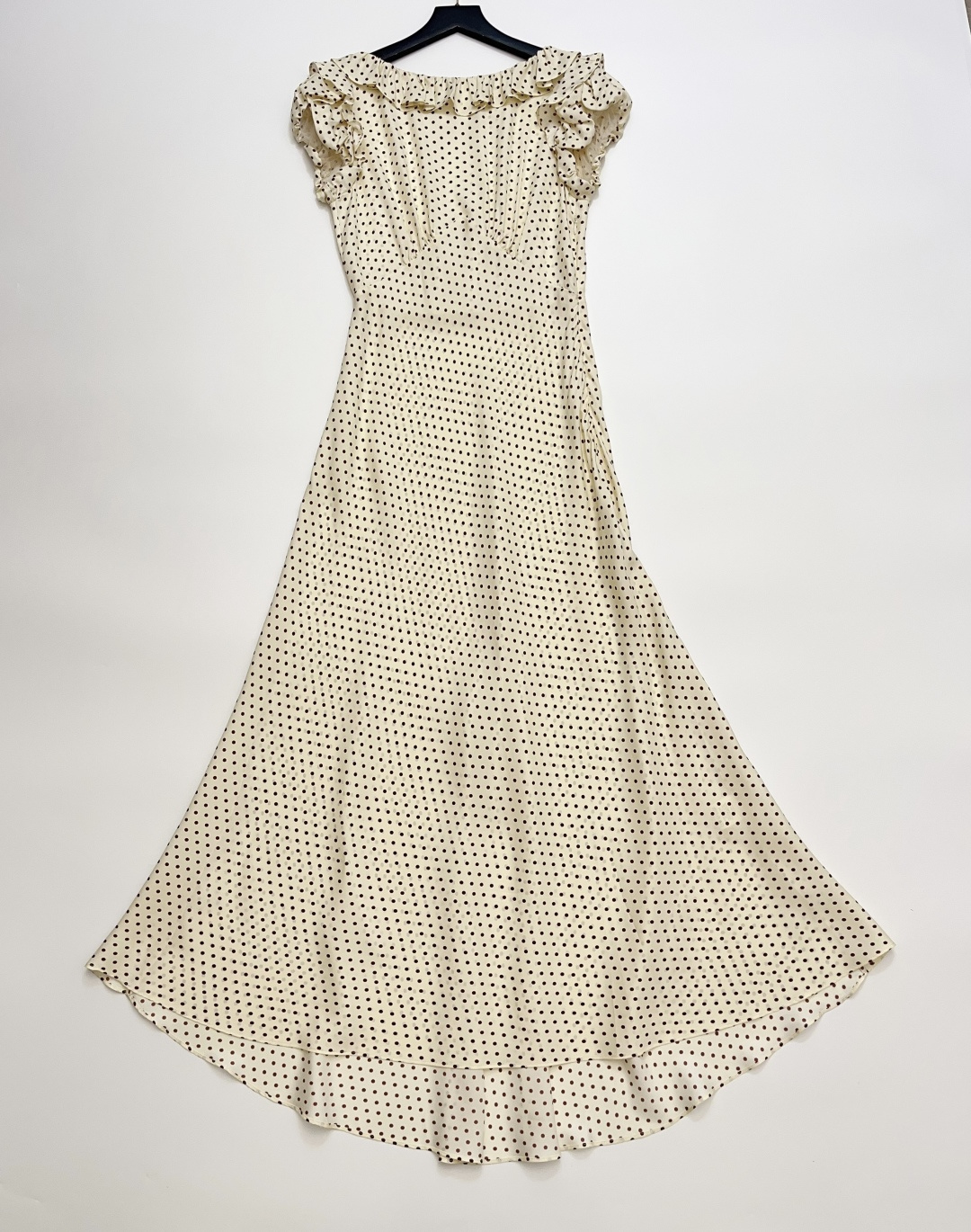 Dôen Silk Blend Ruffle Off-Shoulder Bubble Short Sleeve Polka Dot Dress