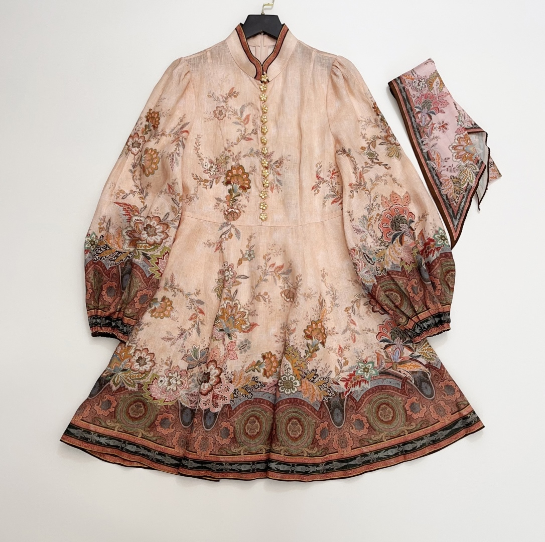 Zim Early Spring Print Stand Collar Lantern Long Sleeve Shirt Dress