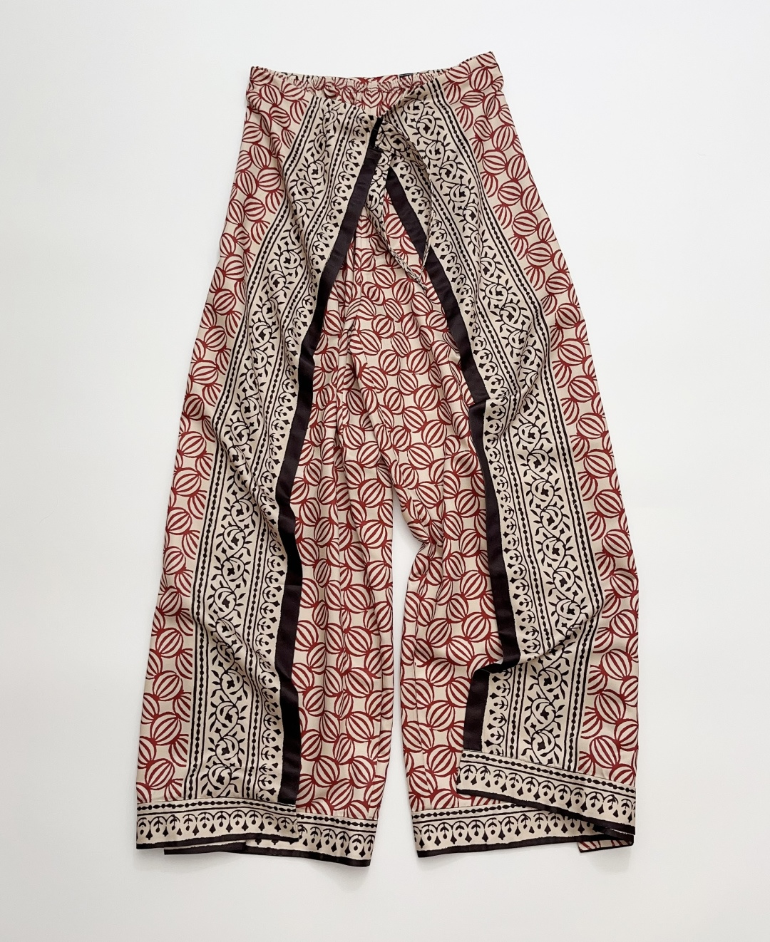 ODTD Patchwork Tassel Resort Print Tie-Waist Straight-Leg Pants
