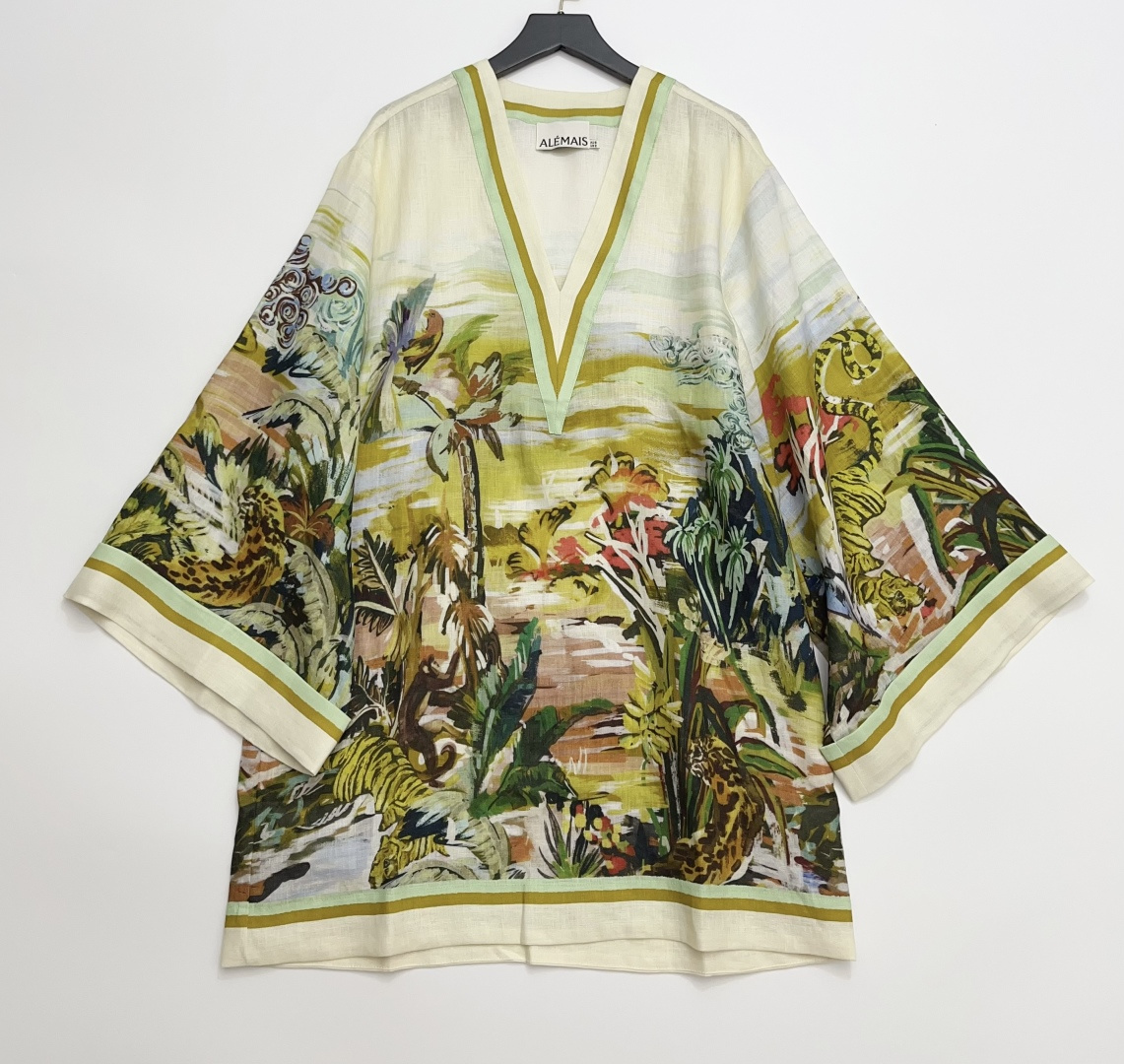 Alémais Jungle Tropical Plant Linen Print Loose Casual Shirt Dress