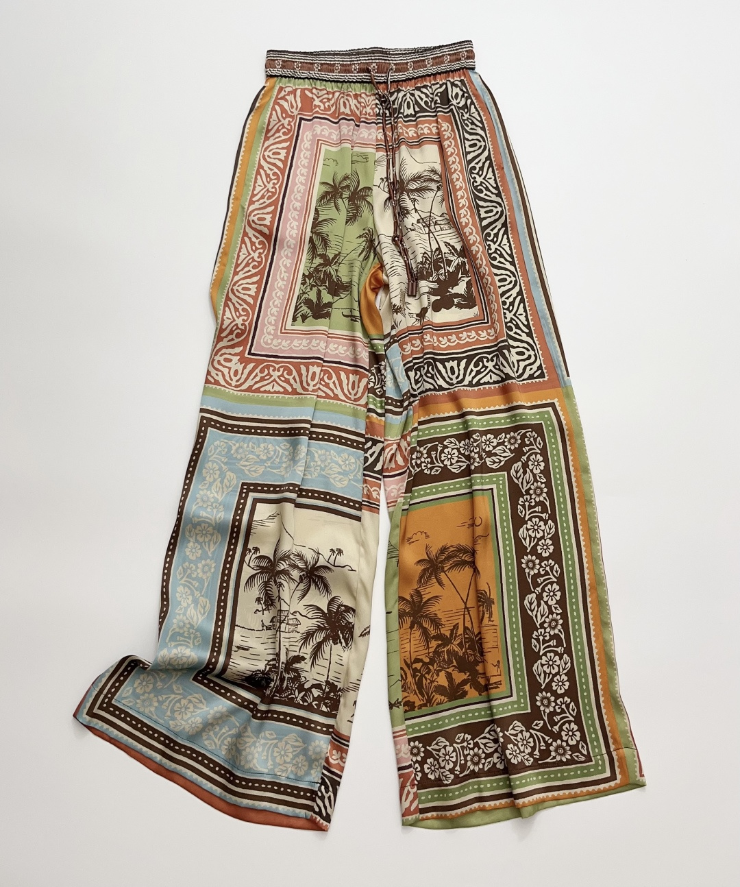 Alémais Alberta Coconut Tree Print Silk High-Waist Wide-Leg Pants