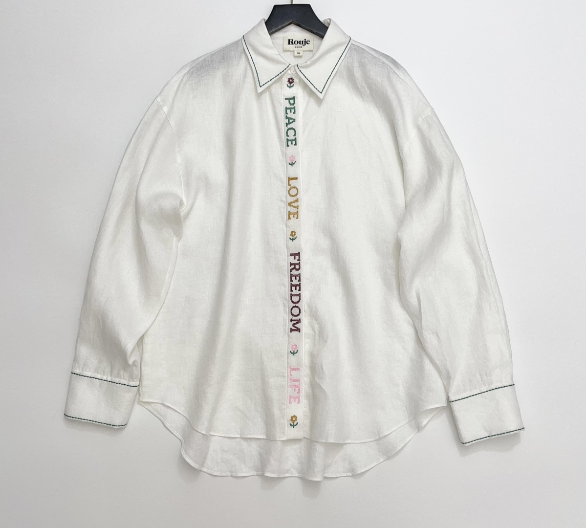 Rouge Contrast Thread Embroidery Loose Lapel Long Sleeve Shirt