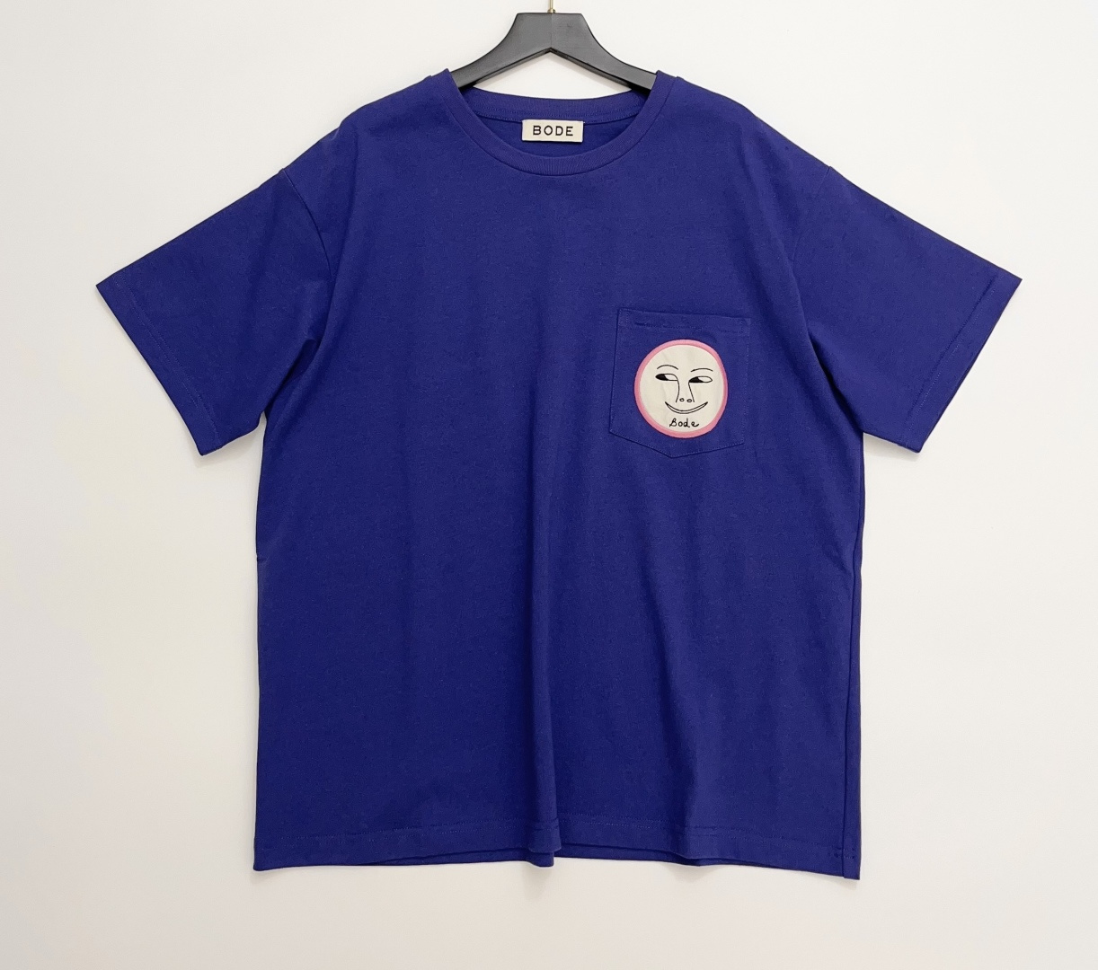 Bode Unique Playful Smiley Embroidery Round Neck Casual Loose Sapphire Blue Short Sleeve T-Shirt