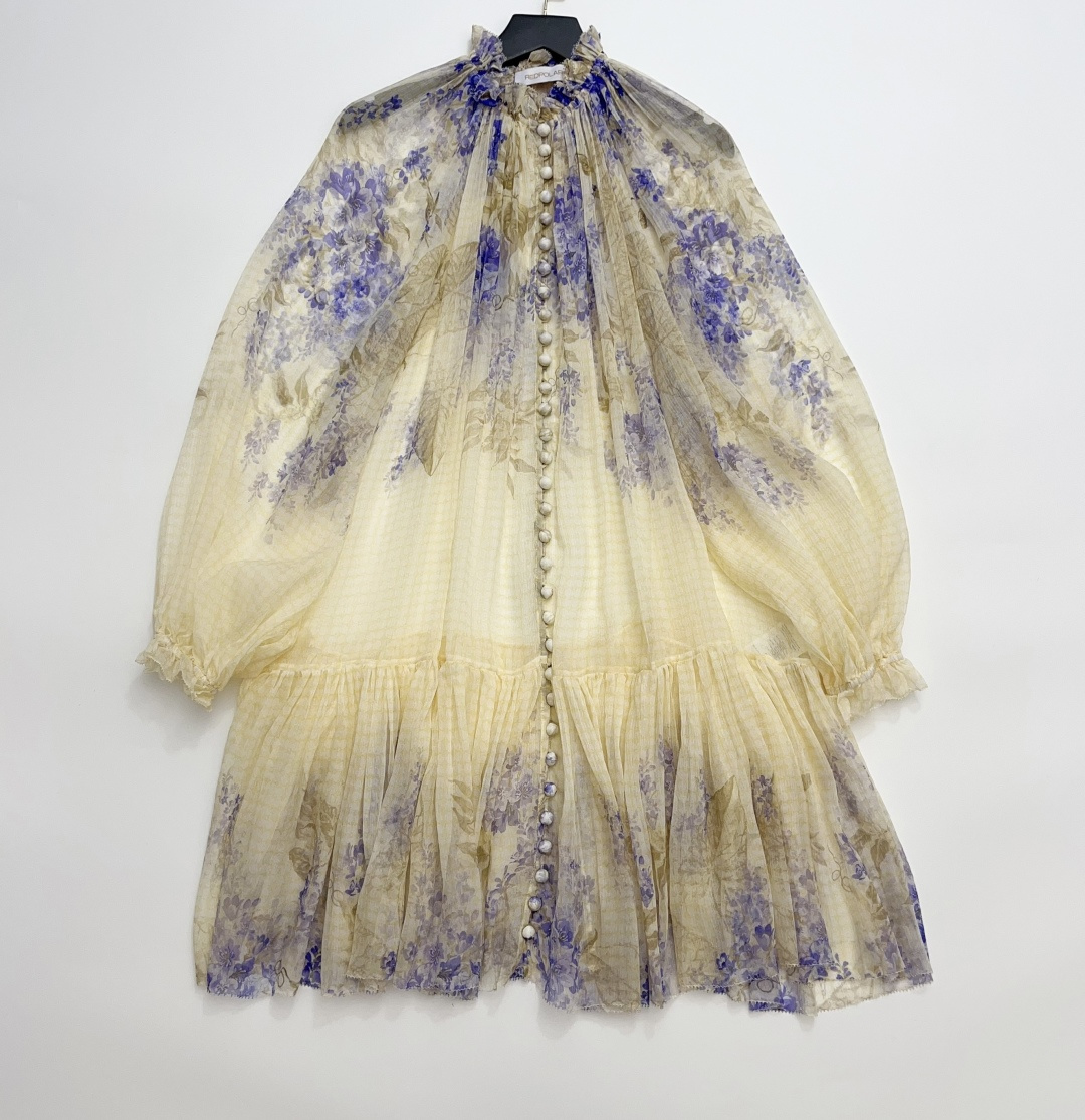 Niche Silk Flowy Plaid Butterfly Print Lantern Sleeve Resort Dress