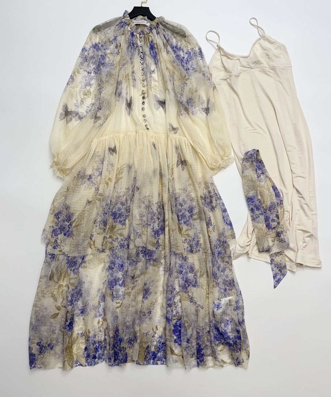 Silk Flowy Plaid Butterfly Print Lantern Sleeve Tie-Waist Maxi Dress