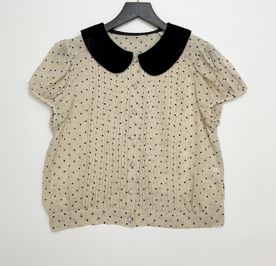 Dôen MADELINE Polka Dot Retro Contrast Lapel Short Sleeve Blouse
