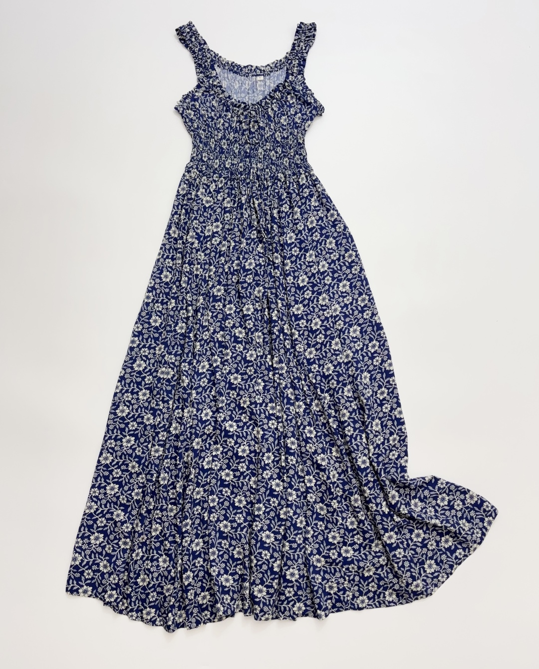 Dôen French Vintage Floral U-Neck Drawstring Waist Sleeveless Dress