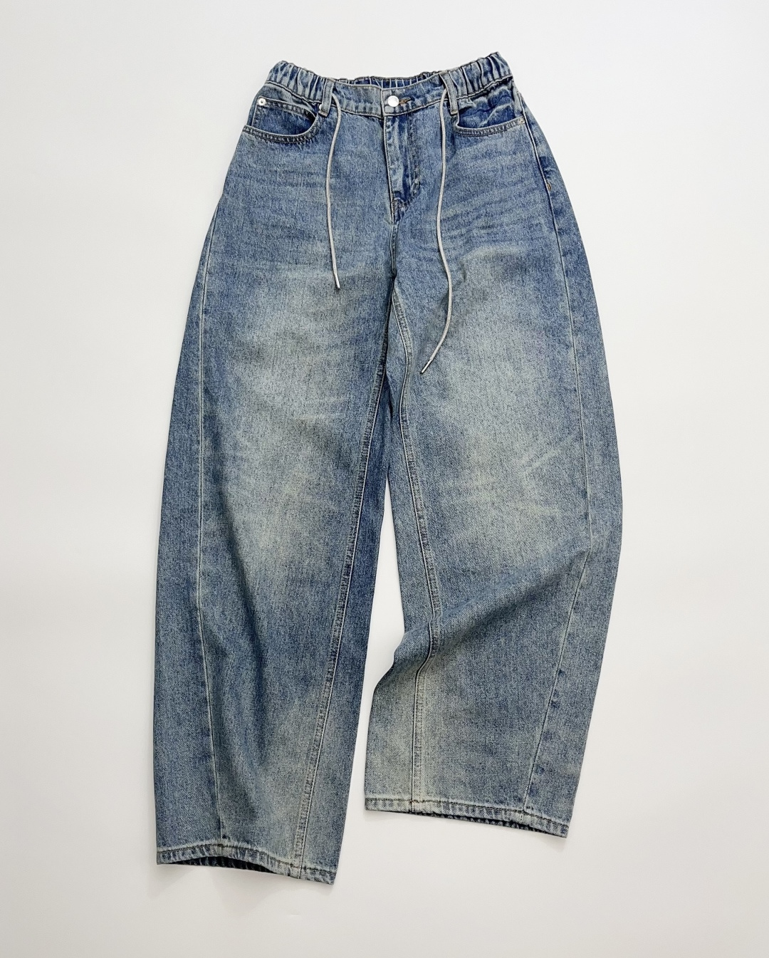Designed Rhinestone Drawstring Loose High-Waisted Straight-Leg Jeans