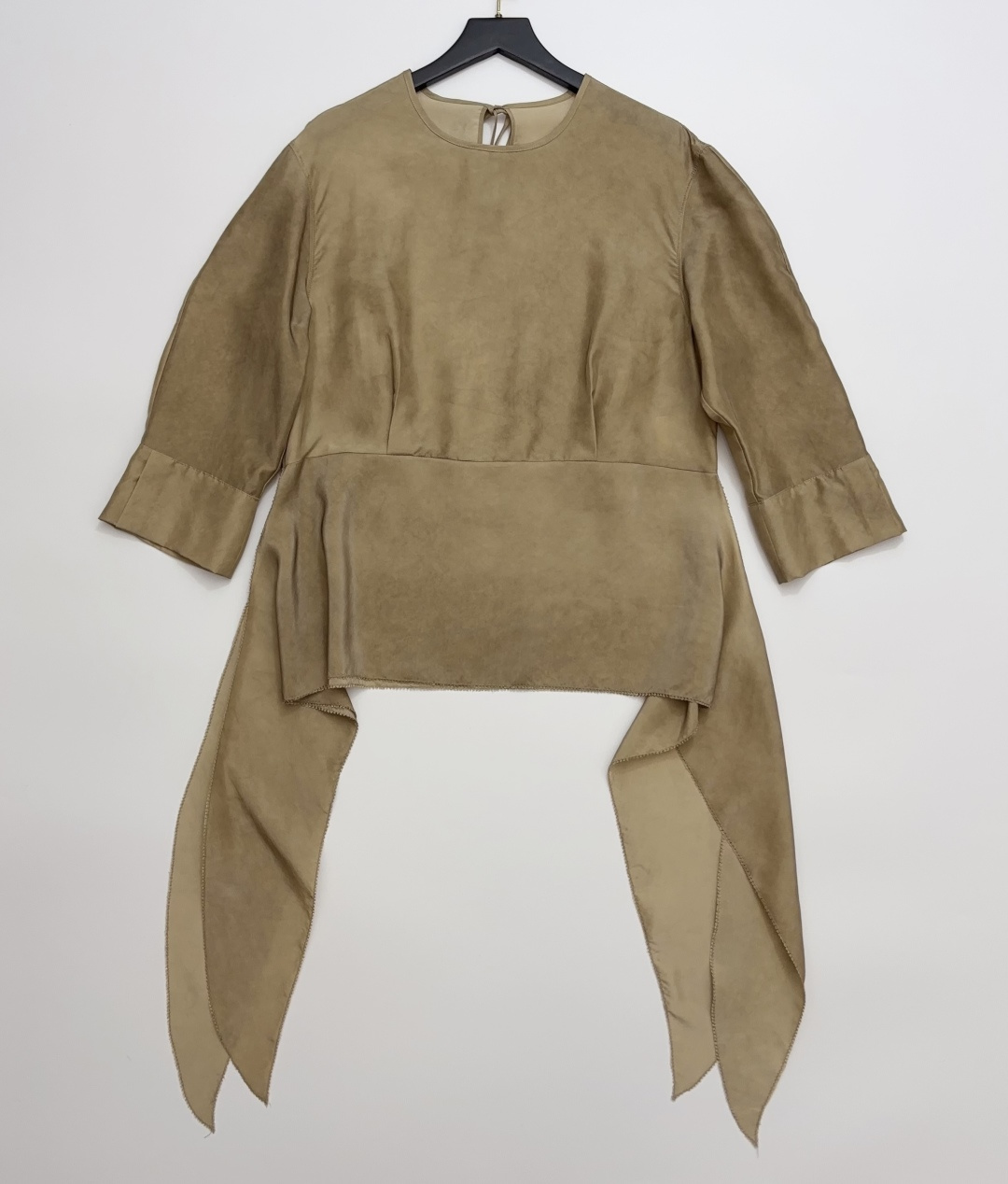 Colorblock High-Waist Ribbon Half-Sleeve Silk Shirt