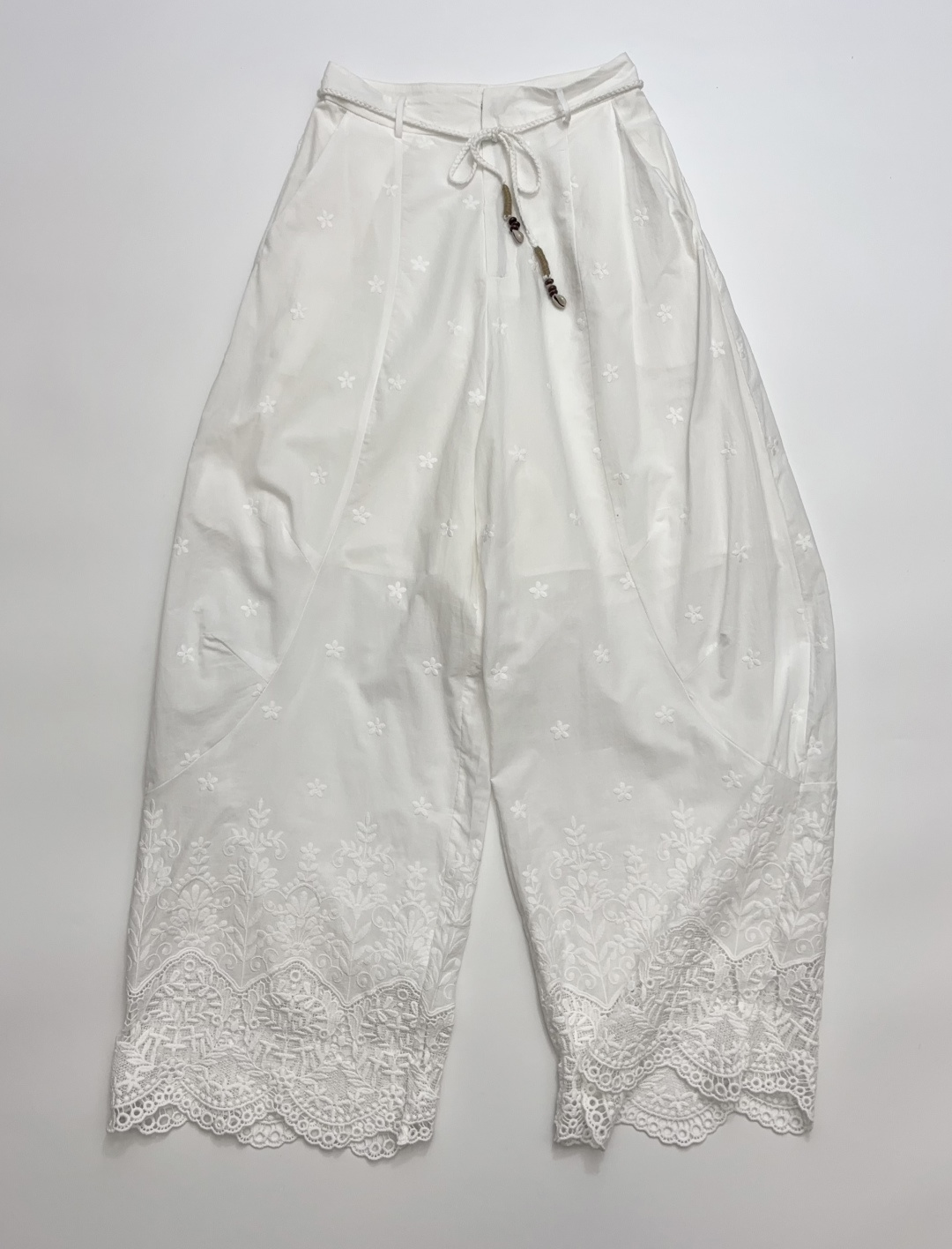 Hollow-Out Embroidered White Wide-Leg Trousers - Bohemian Style