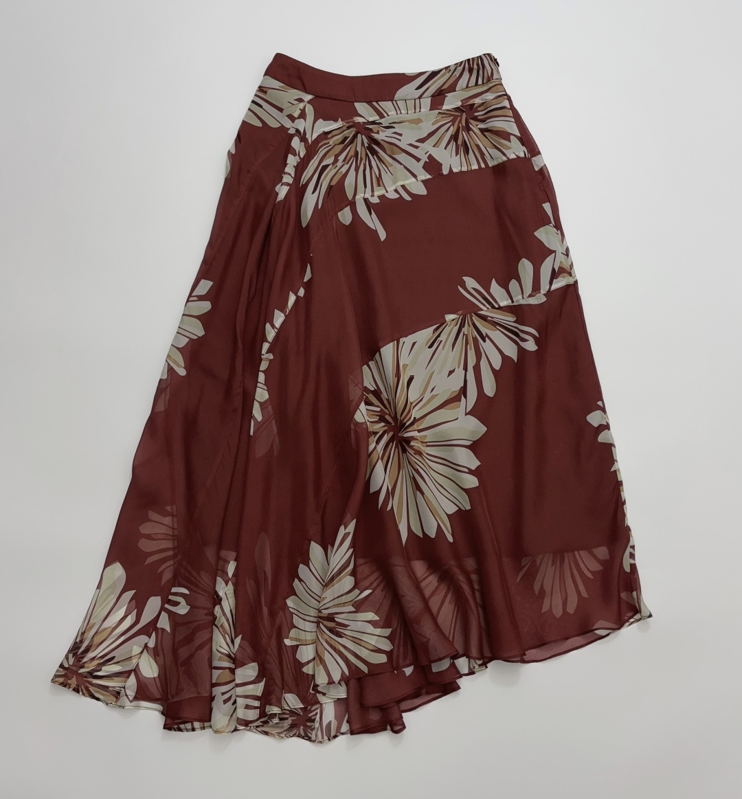 Vintage Wine Red Printed Silk High-Waist Asymmetrical Skirt