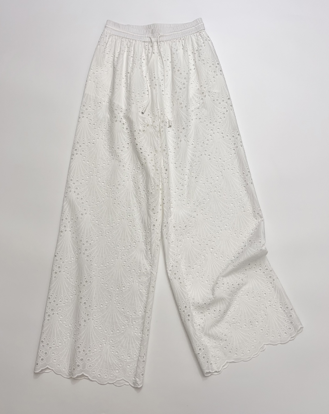 Kivari White Cotton Embroidered Cutout Elastic Waist Wide-Leg Trousers