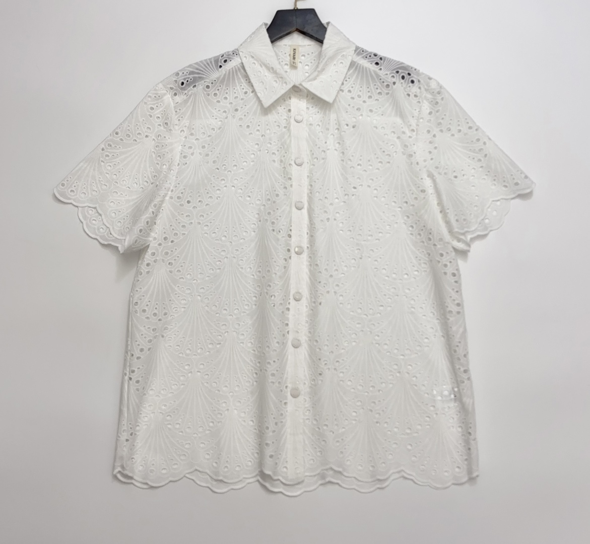 Kivari White Cotton Embroidered Cutout Lapel Short Sleeve Shirt