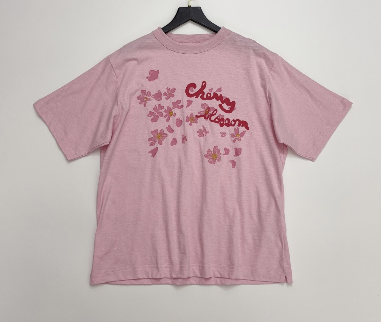 Japanese Sakura Embroidery Slub Cotton Loose T-Shirt