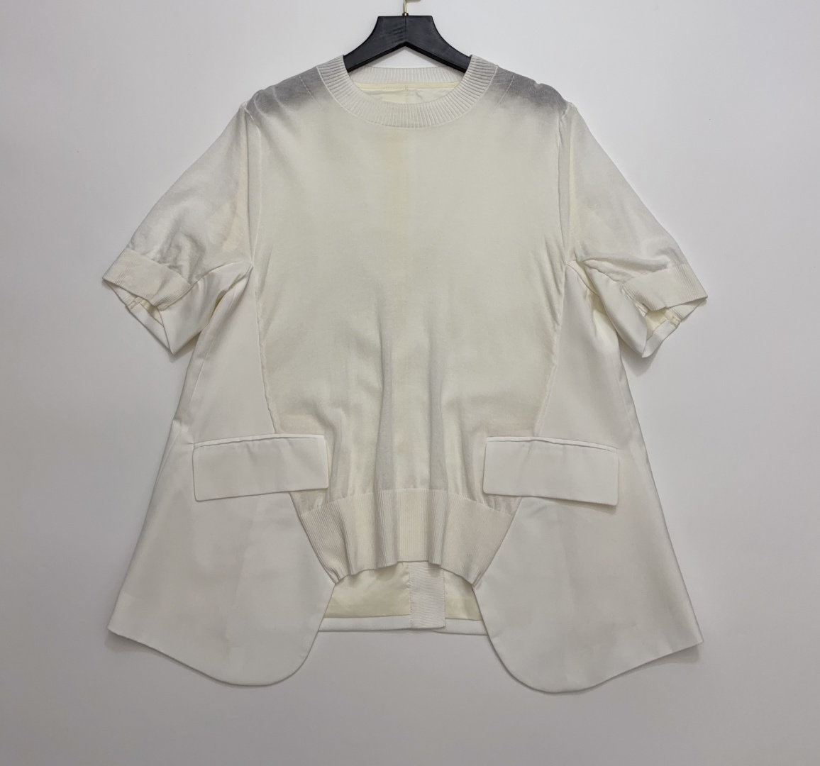 Sacai Cotton Blend Patchwork Asymmetrical Hem Short Sleeve Top