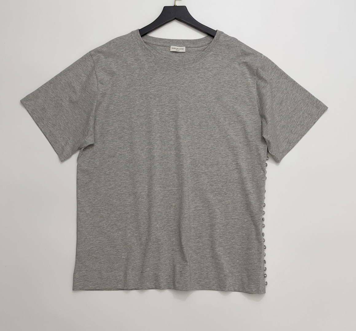 Dries Van Noten Asymmetric Side Button Slit Grey Round-Neck Short-Sleeve T-Shirt