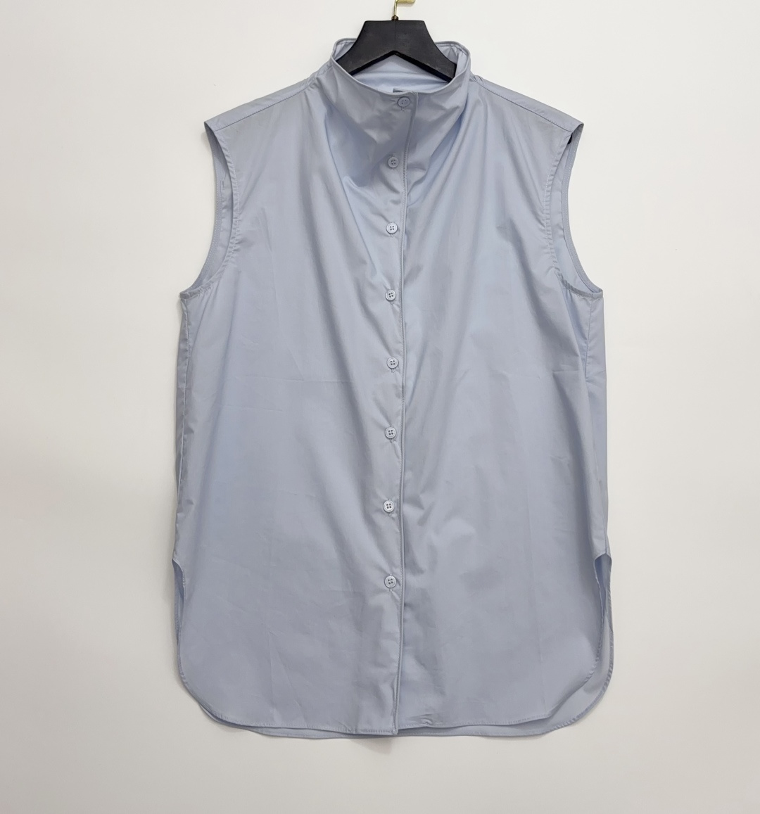 COS Style Pleated Placket Cotton Poplin Stand Collar Sleeveless Shirt