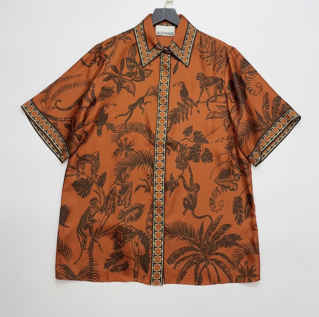 Silk Orange Monkey Dance Print Loose Short-Sleeve Top