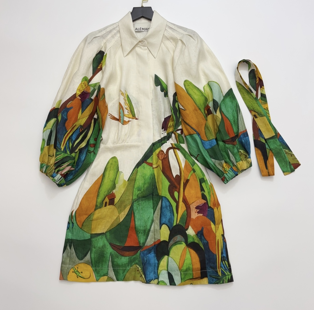 Alémais Vintage Organic Cotton Jungle Print Lapel Waist-Cinching Dress