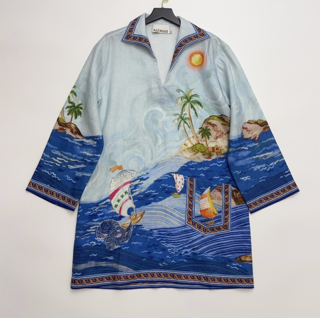 Alémais Linen Blue Ocean Lapel Loose Short Resort Dress