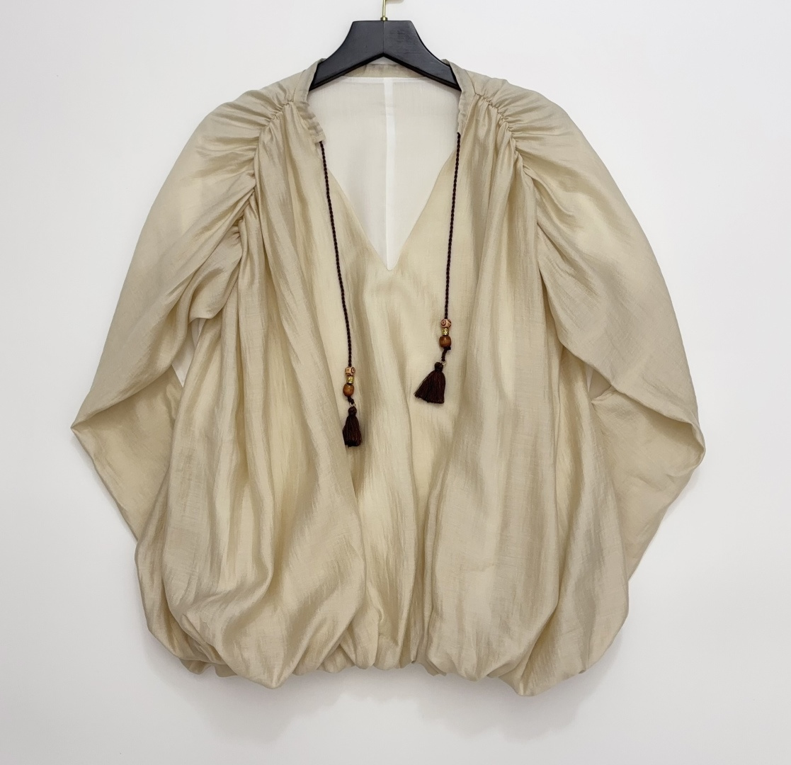 Fringe Drawstring V-Neck Pleated Top