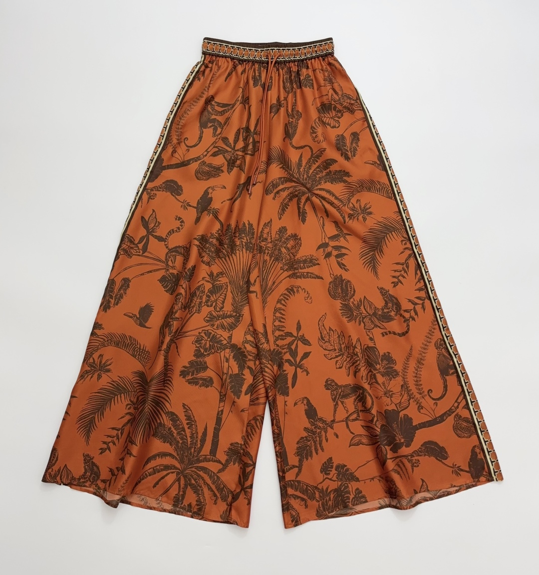 Alémais Silk Orange Monkey Dance Print Loose Elastic Waist Wide-Leg Trousers