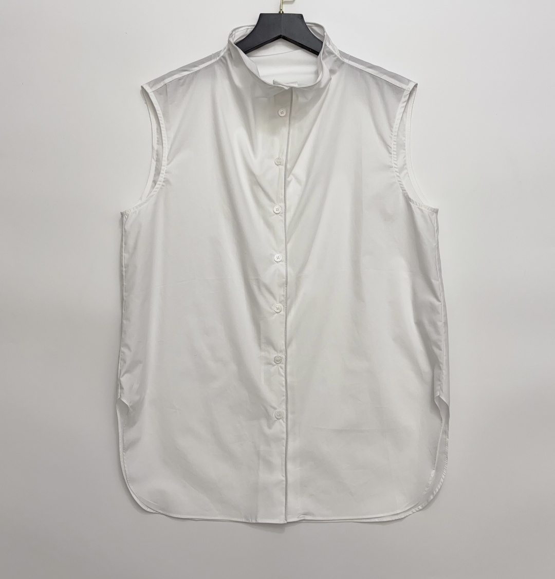COS Style Pleated Placket Cotton Poplin Stand Collar Sleeveless Shirt