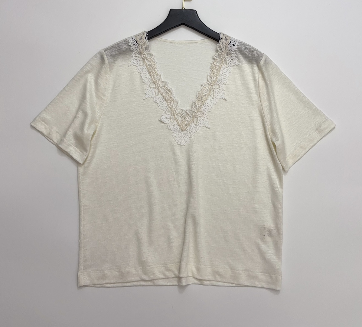 Gerard Darel Lace Hollow Crochet V-Neck Loose Linen T-Shirt