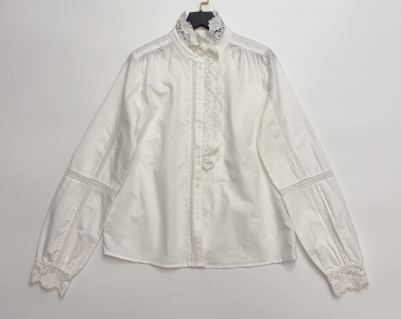 Sézane Ruffle Lace Cotton Long Sleeve Stand Collar Blouse