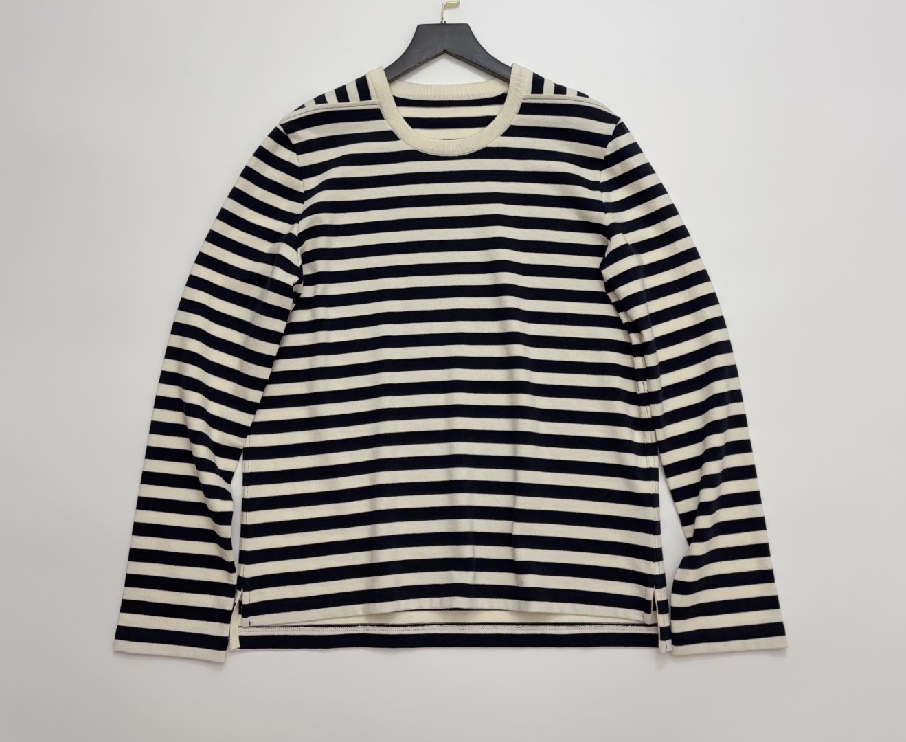 Loro Piana Early Spring Heavyweight Cotton Navy Stripe Round Neck Long Sleeve T-Shirt