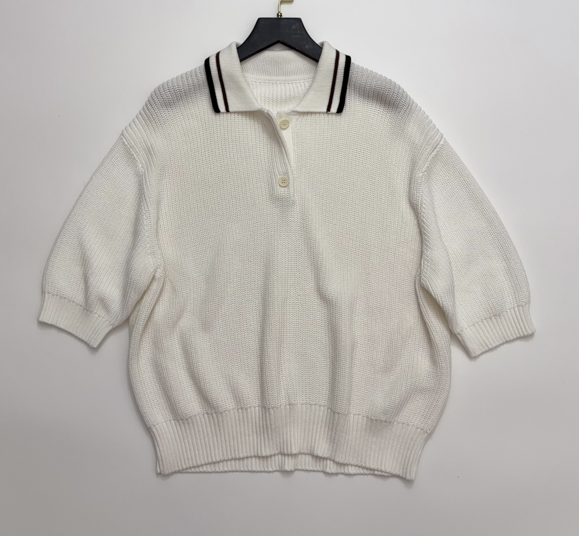 Brunello Cucinelli Contrast Stripe Polo Collar Classic Cotton Knit Tennis Weave Drop Shoulder Short Sleeve Top